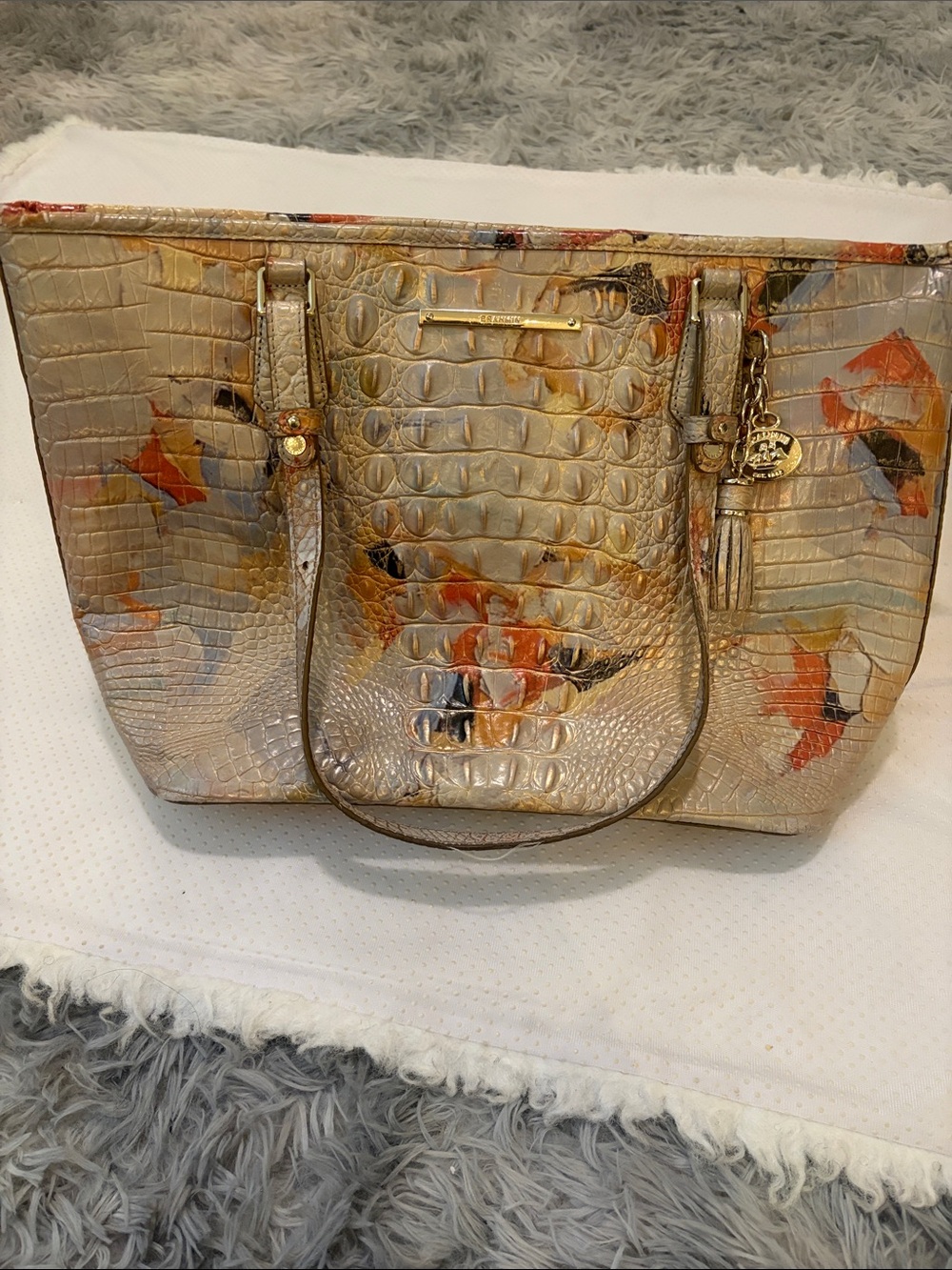 Brahmin Metallic Gold Croc-Embossed Tote with Orange and Black Floral Accents